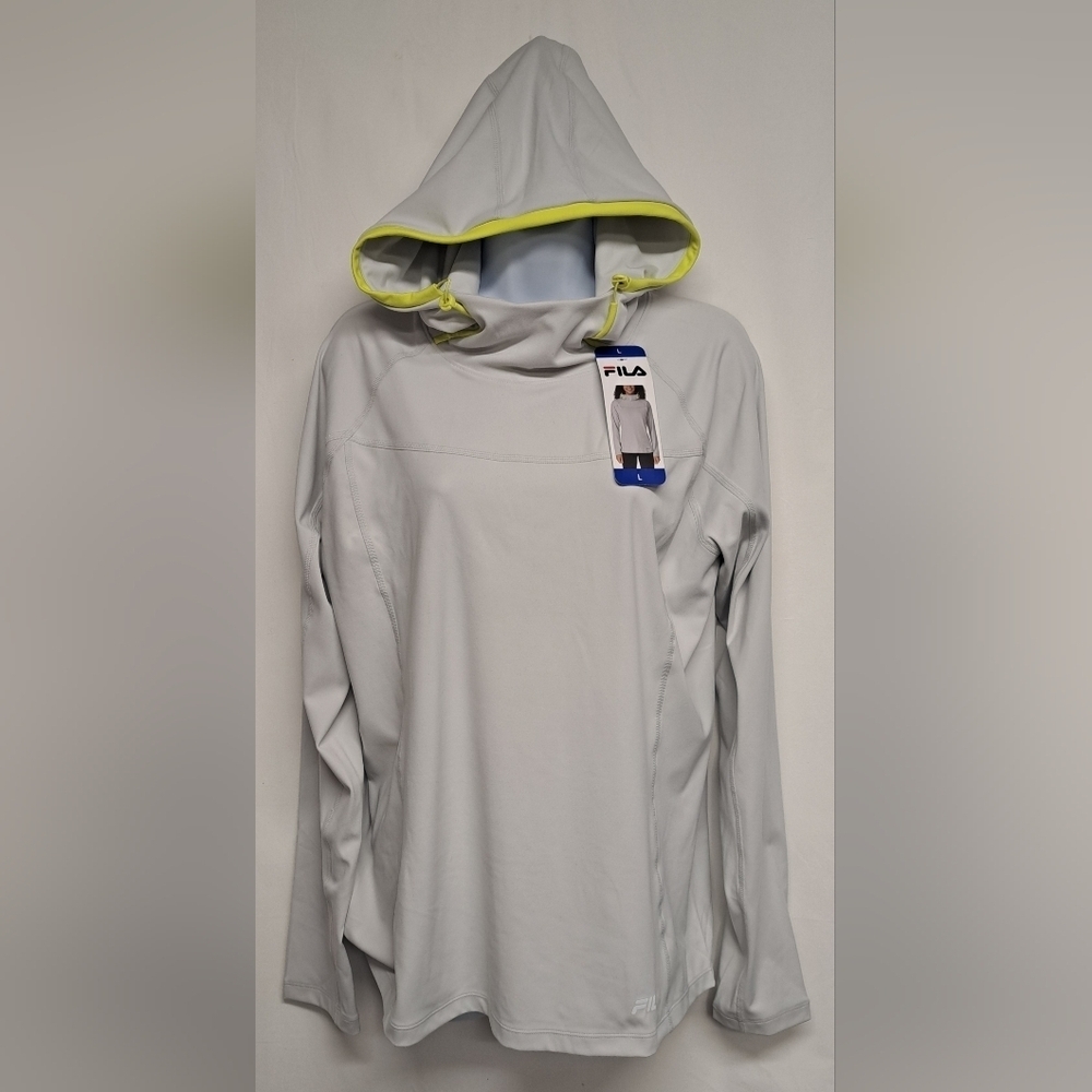 Fila L Pullover Hoodie Grey Yellow Trim Soft Stretch Drawstring Long Sleeve New